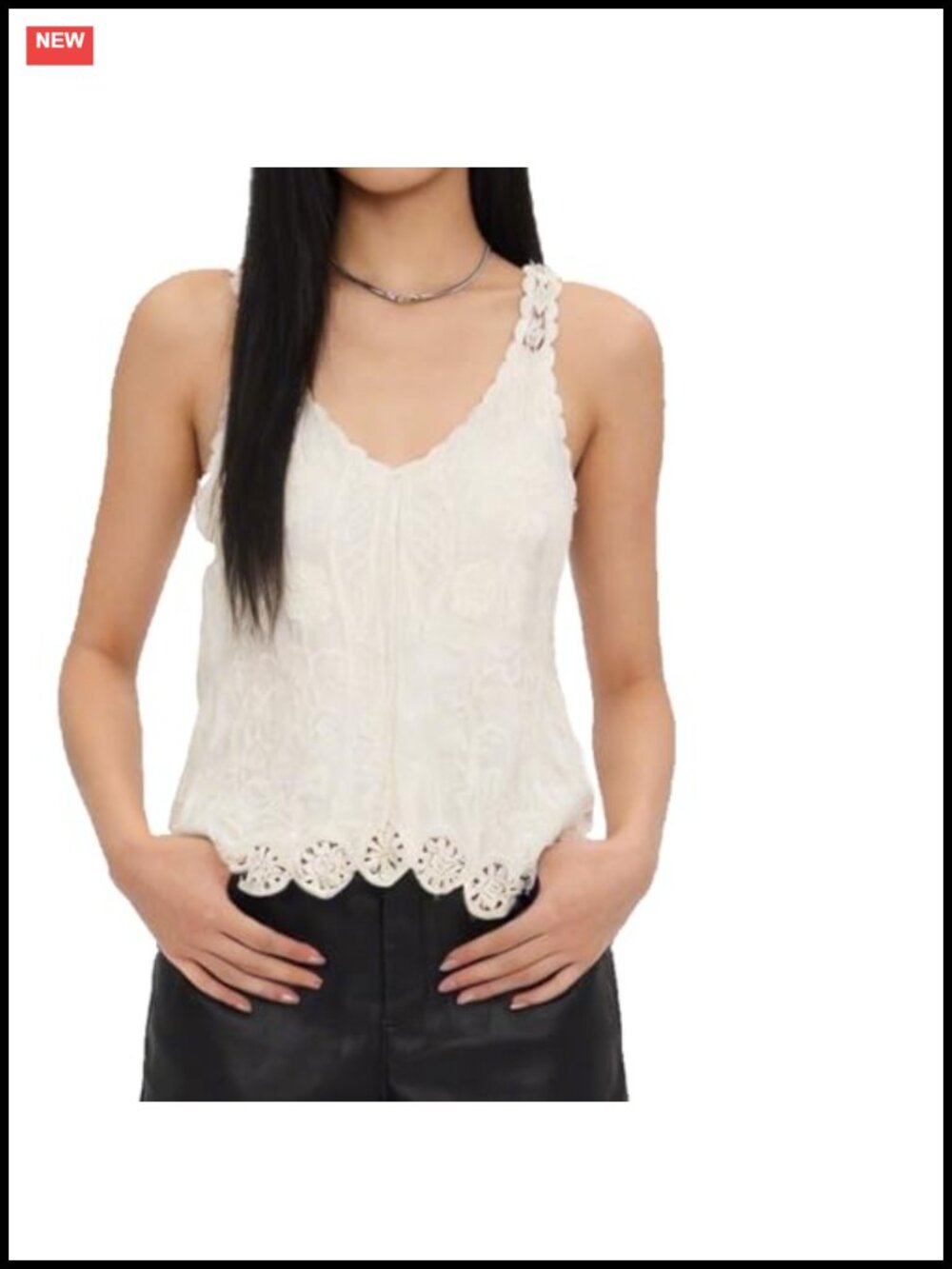 Women's Boho Lace Embroidered Sleeveless Tank Top, Scalloped Hem, Spaghetti